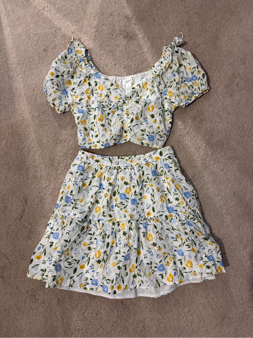 Floral Two-Piece Crop Top & Skirt Set — White with Blue & Yellow Flowers